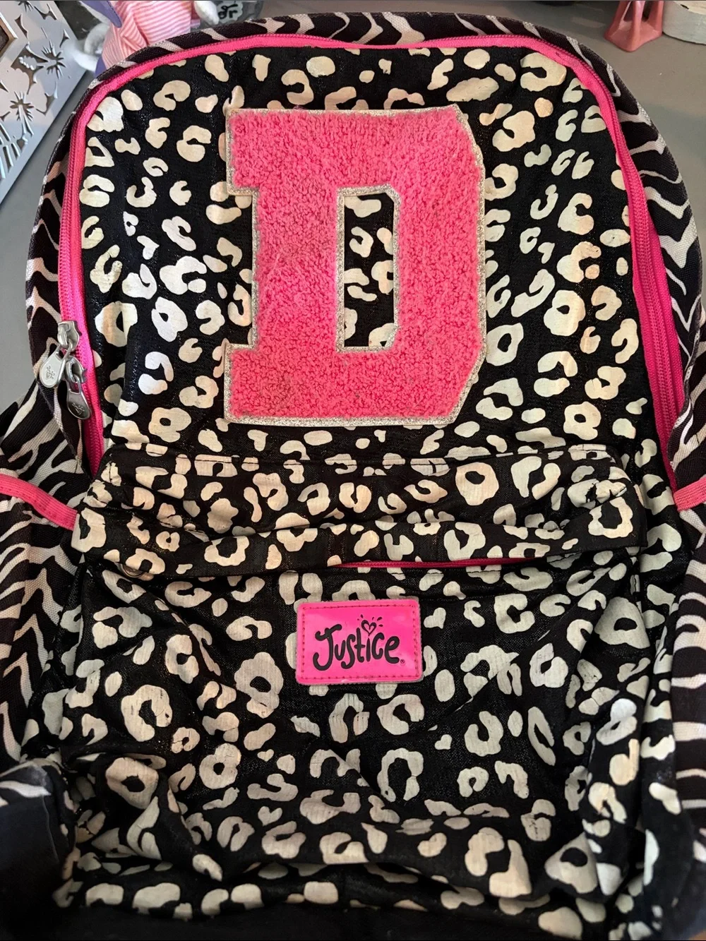Justice Black & White Leopard Backpack with Pink Accents